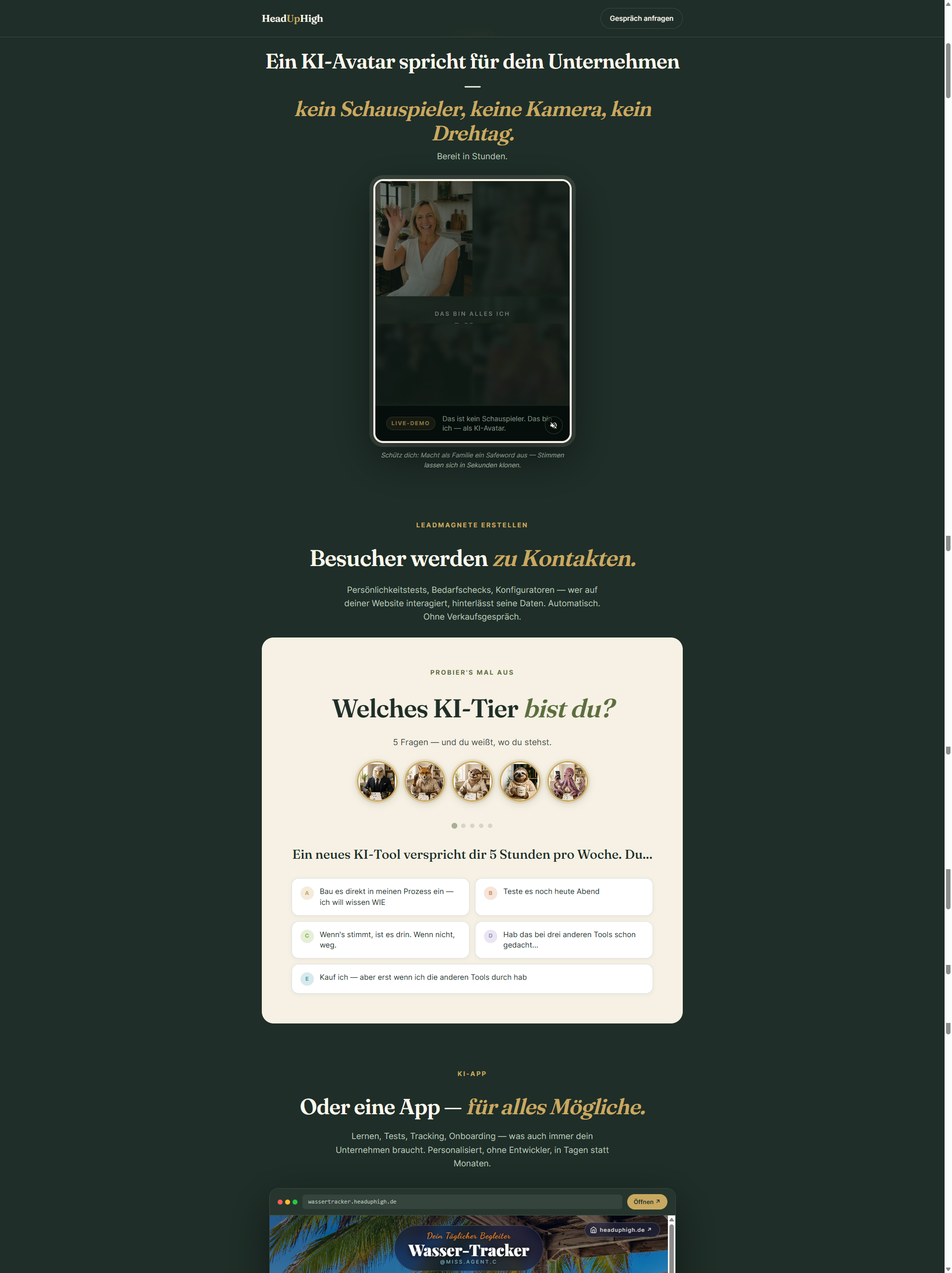 Vorschau der HeadUpHigh Kreativseite — KI-Showcase mit Live-Beispielen · HeadUpHigh GmbH