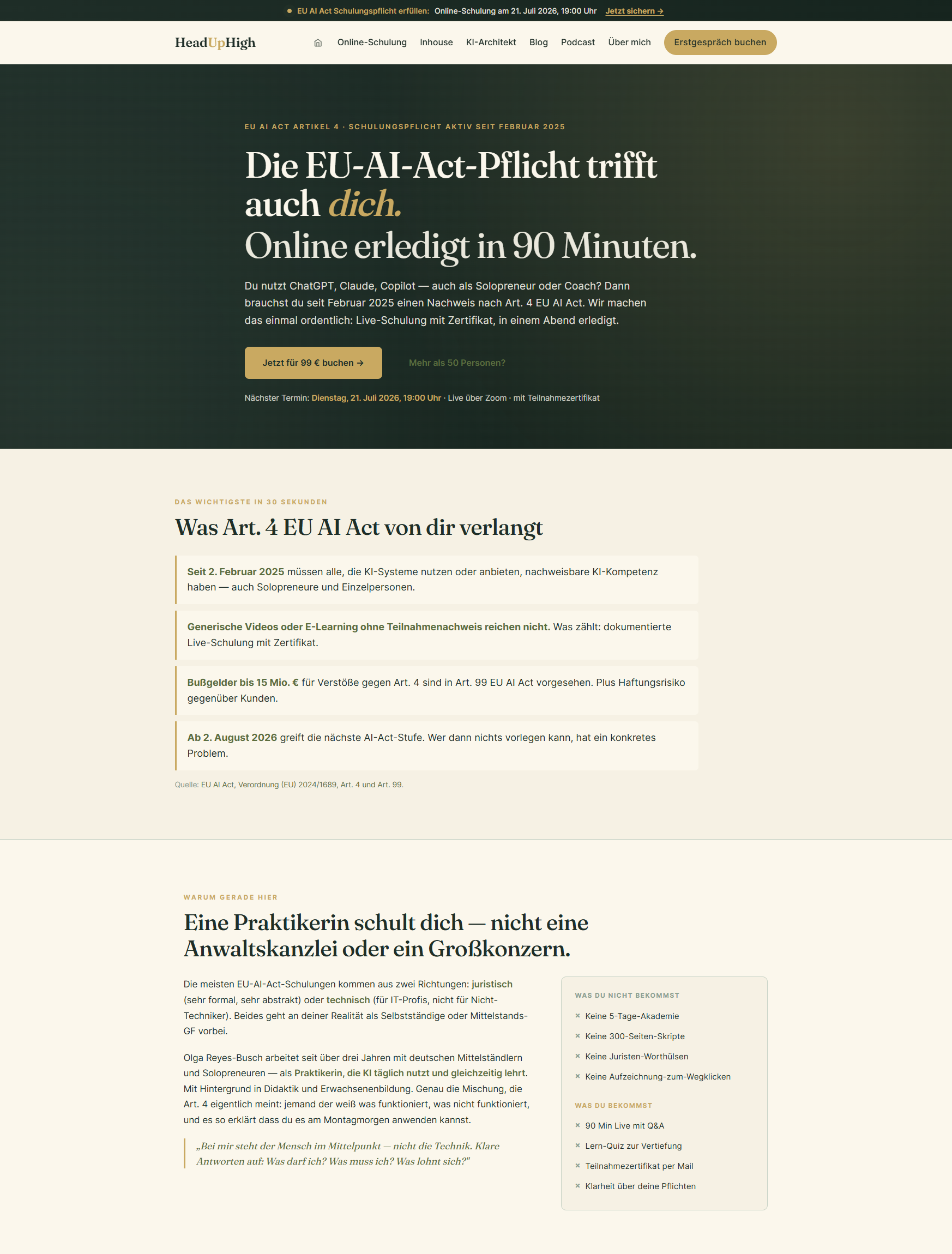 EU AI Act Workshop Landingpage — vollständig mit KI automatisiert von Olga Reyes-Busch, HeadUpHigh GmbH